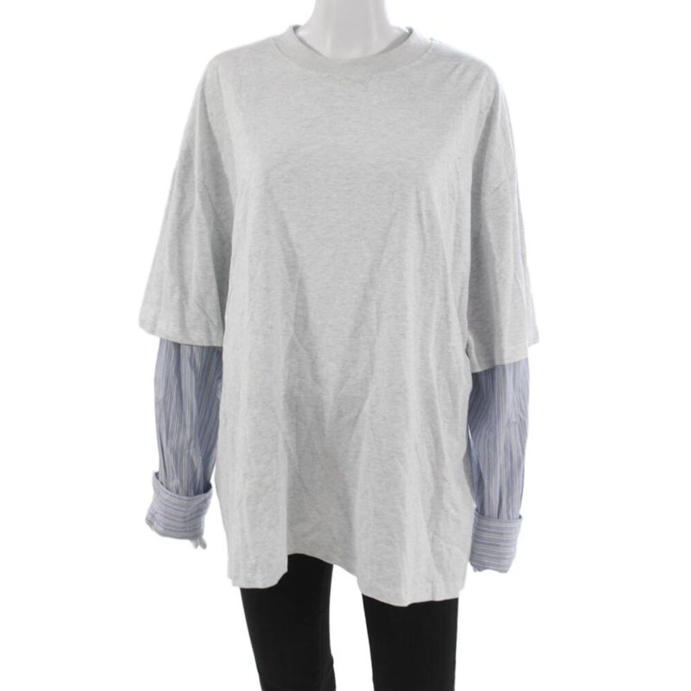 Lion Women Tunic Gray Striped Cotton Crew Neck Long Sleeve Pullover Size M